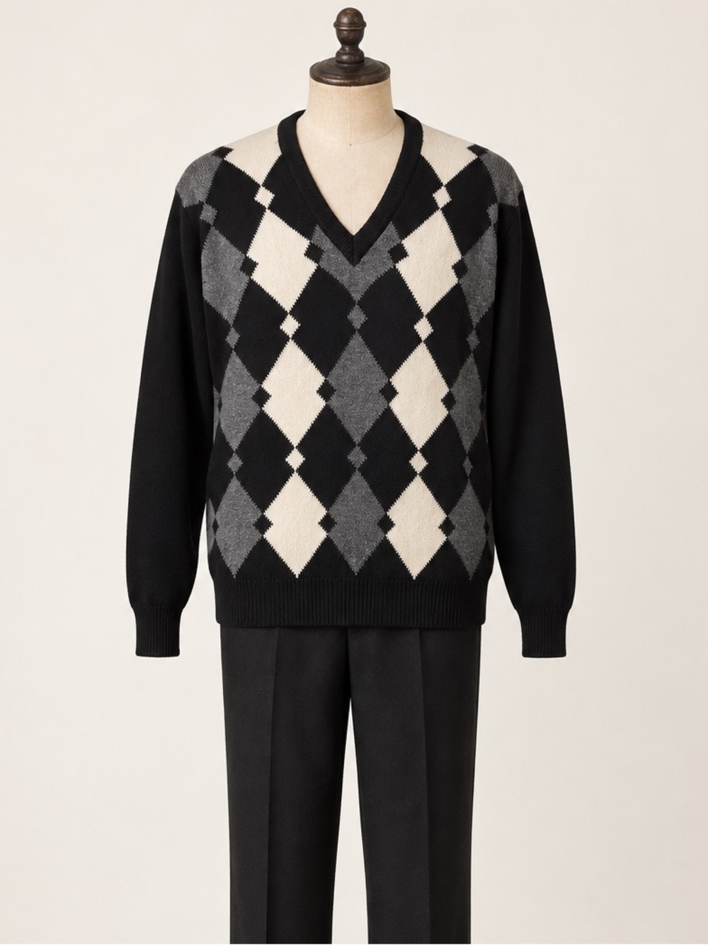 Vintage 1970s Johnstons of Elgin Scotland Lambswool Diamond Check Black Sweater